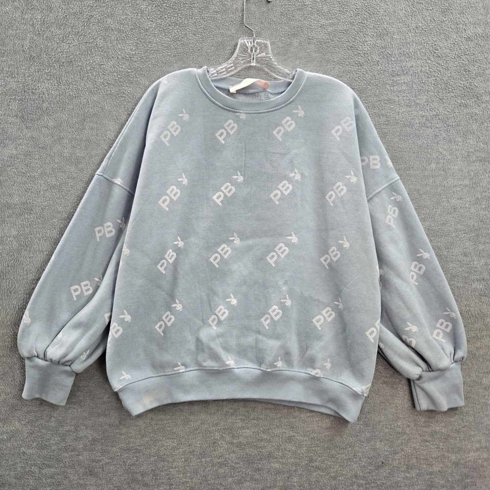 Playboy x Missguide Women Sweatshirt 10 Blue Oversized Logo All Over Print READ